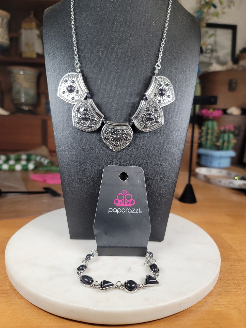 paparazzi Silver and Black Statement Necklace and Bracelet Set